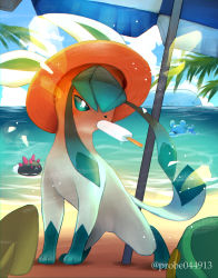 Rule 34 | azurill, beach umbrella, blush, cloud, commentary request, creatures (company), day, eating, food, game freak, gen 2 pokemon, gen 3 pokemon, gen 4 pokemon, gen 7 pokemon, glaceon, green eyes, clothed pokemon, highres, looking to the side, marill, mouth hold, nintendo, orange headwear, outdoors, pokemon, pokemon (creature), popsicle, popsicle stick, purobe, pyukumuku, sky, standing, toes, umbrella, wailord