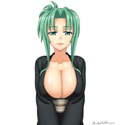 Rule 34 | 1girl, abridged-satoko, alternate breast size, breasts, cleavage, closed mouth, green eyes, green hair, higurashi no naku koro ni, japanese clothes, kimono, large breasts, looking at viewer, simple background, smile, solo, sonozaki mion, upper body, white background