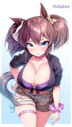 Rule 34 | 1girl, absurdres, alternate costume, animal ears, artist name, bdsm, bikini, bikini under clothes, black choker, black shirt, blue eyes, blush, bondage, bound, breasts, brown hair, brown shorts, choker, cleavage, commentary request, fox mask, hand on own hip, hekahire isurus, highres, horse ears, horse girl, horse tail, inari one (umamusume), large breasts, leaning forward, long hair, looking at viewer, mask, mask on head, open clothes, open shirt, parted lips, purple bikini, scrunchie, shirt, shorts, solo, sweat, swimsuit, tail, thigh strap, twintails, umamusume, wrist scrunchie