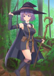 Rule 34 | 10s, 1girl, belt, boots, breasts, cape, detached sleeves, forest, hai to gensou no grimgar, hat, knee boots, large breasts, nature, pouch, purple eyes, purple hair, shihoru (grimgar), shizukage (shizukageya), sizukage, solo, staff, thighs, tree, witch hat