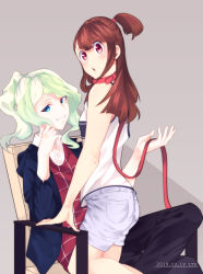 Rule 34 | 2girls, absurdres, alternate hairstyle, artist request, bdsm, blue eyes, blush, brown hair, chair, collar, couple, diana cavendish, highres, jacket, kagari atsuko, leash, little witch academia, multicolored hair, multiple girls, open mouth, pet, ponytail, red eyes, shorts, sitting, slave, smirk, surprised, tank top, two-tone hair, yuri