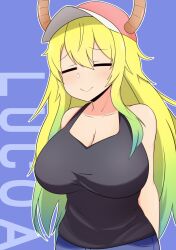 Rule 34 | 1girl, arms behind back, black tank top, blonde hair, blue background, breasts, character name, cleavage, closed eyes, commentary, dragon horns, english commentary, gradient hair, green hair, hat, highres, horns, kobayashi-san chi no maidragon, large breasts, long hair, lucoa (maidragon), mikoscrub, multicolored hair, smile, solo, tank top, very long hair