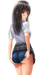 Rule 34 | 1girl, ass, black hair, black skirt, blue buruma, blush, buruma, clothes lift, commentary request, from behind, highres, lifting own clothes, long hair, looking at viewer, original, parted lips, red eyes, school uniform, shirt, short sleeves, simple background, skirt, skirt lift, solo, standing, thighs, uniform, white background, white shirt, yukemuriganmo