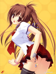 Rule 34 | 1girl, absurdres, bra-ban!, brown hair, cellphone, cellphone charm, charm (object), highres, kobuichi, nakanoshima tae, necktie, phone, ponytail, red eyes, school uniform, shirt, solo, tareme, taut clothes, taut shirt, thighhighs, wristband
