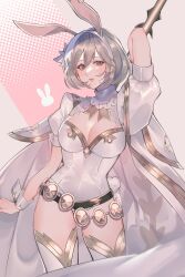 Rule 34 | 1girl, 2b (nier:automata), animal ears, belt, breasts, brown eyes, cape, cleavage, commentary, cowboy shot, djeeta (granblue fantasy), dotted background, flower, granblue fantasy, grey hair, hair flower, hair ornament, hairband, highres, holding, holding staff, leotard, looking at viewer, medium breasts, nier:automata, nier (series), playboy bunny, puffy short sleeves, puffy sleeves, rabbit ears, rabbit tail, sage (granblue fantasy), short sleeves, shrug (clothing), siiii 0s, solo, staff, standing, tail, thighhighs, two-tone background, white cape, white flower, white leotard, wrist cuffs