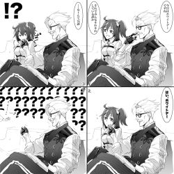 Rule 34 | 1boy, 1girl, 4koma, bug, butterfly, comic, facial hair, fate/grand order, fate (series), formal, fujimaru ritsuka (female), glasses, gloves, greyscale, highres, bug, james moriarty (archer) (fate), monochrome, mustache, short hair, side ponytail, smile, suit, suzuki rui, translation request, trembling, vest, white hair