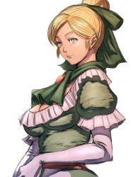 Rule 34 | 1girl, ascot, blonde hair, blue eyes, breasts, brooch, cleavage, closed mouth, dragon quest, dragon quest ix, dress, earrings, elbow gloves, frilled dress, frills, from side, fumio (rsqkr), gloves, green dress, green ribbon, grey eyes, hair bun, hair ribbon, jewelry, large breasts, light smile, lips, looking at viewer, parted bangs, puffy short sleeves, puffy sleeves, ribbon, roxanne (dq9), sash, short hair, short sleeves, simple background, single hair bun, sketch, smile, solo, stud earrings, swept bangs, upper body, white background, white gloves