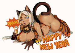 Rule 34 | 1girl, alcohol, animal ears, animal print, ass, bad source, bell, blonde hair, blue eyes, blush, breasts, cat ears, cat tail, champagne, chinese zodiac, cleavage, english text, full body, large breasts, long hair, looking at viewer, lying, neck bell, oasis (seeslugs), on stomach, open mouth, original, seeslugs, sketch, solo, tail, thick thighs, thighhighs, thighs, tiger girl, tiger print, year of the tiger