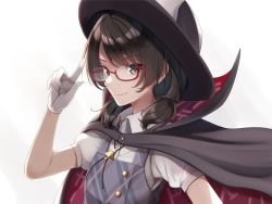 Rule 34 | 1girl, bow, brown eyes, brown hair, cape, closed mouth, flat chest, fumei (mugendai), gloves, hat, light smile, looking at viewer, puffy short sleeves, puffy sleeves, semi-rimless eyewear, shirt, short sleeves, simple background, solo, touhou, twintails, upper body, usami sumireko, vest, white background, white bow, white gloves, white shirt