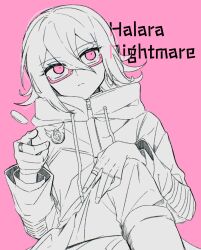 Rule 34 | 1other, character name, closed mouth, commentary request, flipped hair, greyscale with colored background, hair between eyes, halara nightmare, hand on own knee, highres, hood, hood down, hooded coat, jewelry, kinatsu (q bkad), long sleeves, looking to the side, master detective archives: rain code, pink background, ring, semi-rimless eyewear, short hair, simple background, sitting, solo, spot color