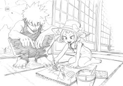 Rule 34 | 1girl, absurdres, bakugou katsuki, boku no hero academia, child, clenched teeth, drawing, greyscale, hair between eyes, hair ornament, hat, highres, horikoshi kouhei, monochrome, open mouth, pants, pointing, shimano mahoro, short hair, simple background, sketch, smile, spiked hair, squatting, teeth, white background