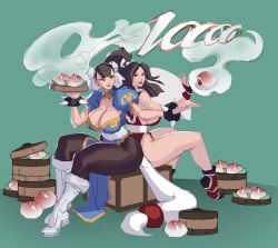 Rule 34 | 2girls, 69 (artist), basket, boots, bracelet, breasts, capcom, chinese clothes, chun-li, cleavage, crossover, fatal fury, food, highres, jewelry, large breasts, multiple girls, pantyhose, shiranui mai, snk, spiked bracelet, spikes, steaming, street fighter, the king of fighters, thick thighs, thighs