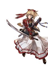 Rule 34 | 10s, 1girl, alpha transparency, alternate hairstyle, armor, armored dress, blonde hair, bob cut, brown eyes, djeeta (granblue fantasy), full body, granblue fantasy, hair ribbon, japanese armor, kote, light smile, looking at viewer, minaba hideo, official art, ponytail, ribbon, samurai (granblue fantasy), scabbard, sheath, short hair, shoulder armor, smile, sode, solo, sword, transparent background, weapon