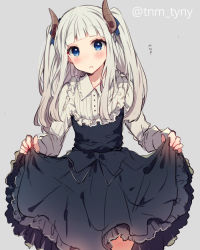 Rule 34 | 1girl, :o, artist name, bad id, bad pixiv id, blue eyes, blush, cowboy shot, dress, frilled dress, frills, gothic lolita, grey background, horns, ikeuchi tanuma, lolita fashion, long hair, looking at viewer, original, simple background, skirt hold, solo, twintails, twitter username, two side up, white hair