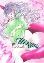 Rule 34 | 1girl, absurdres, arim0k0, ass, blood, breasts, commentary, feet out of frame, frilled skirt, frills, green shirt, green skirt, highres, holding, holding test tube, horns, huge ass, huge breasts, long hair, looking at viewer, marker (medium), open mouth, pink background, plaid, plaid skirt, pointy ears, purple hair, red eyes, shirt, short sleeves, single horn, skirt, solo, tail, tenkajin chiyari, test tube, touhou, traditional media, wavy hair