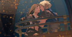 Rule 34 | 1boy, 1girl, armor, bare shoulders, black gloves, black hair, black skirt, blonde hair, blue sweater, brown hair, closed eyes, cloud strife, commentary request, couple, crop top, elbow gloves, facing another, ferris wheel interior, final fantasy, final fantasy vii, final fantasy vii rebirth, final fantasy vii remake, fingerless gloves, gloves, gondola, hands on another&#039;s shoulders, highres, imminent kiss, light particles, long hair, midriff, navel, ribbed sweater, shillo, short hair, shoulder armor, sitting, skirt, sleeveless, sleeveless turtleneck, spiked hair, suspender skirt, suspenders, sweater, tank top, tifa lockhart, turtleneck, turtleneck sweater, twitter username, upper body, white tank top