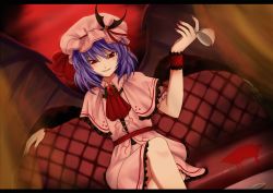 Rule 34 | 1girl, ascot, bat wings, blood, chien zero, couch, crossed legs, cup, dress, female focus, hat, jewelry, koumajou densetsu, letterboxed, light purple hair, nail polish, red eyes, remilia scarlet, ribbon, short hair, sitting, smile, solo, teacup, touhou, wings