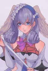 Rule 34 | 1girl, absurdres, blue eyes, blush, braid, breasts, crown braid, curly hair, detached sleeves, dress, feathered wings, grey hair, head wings, highres, holding, holding staff, kokomi (aniesuakkaman), medium breasts, melia antiqua, puffy sleeves, purple background, see-through, solo, staff, upper body, wings, xenoblade chronicles: future connected, xenoblade chronicles (series), xenoblade chronicles 1