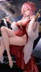 Rule 34 | 1girl, :q, absurdres, animal ears, bangle, bare legs, bare shoulders, blush, bottle, bracelet, breasts, building, car interior, cleavage, congqian you ke xing, cropped, crossed bangs, crossed legs, dress, evening gown, feather boa, floppy ears, foot out of frame, fox ears, genshin impact, hair between eyes, hair ornament, highres, holding, holding bottle, jewelry, large breasts, long hair, looking at viewer, low neckline, nail polish, necklace, purple eyes, red dress, red footwear, red nails, sideboob, sidelocks, sitting, sleeveless, sleeveless dress, solo, sparkle, tongue, tongue out, yae miko