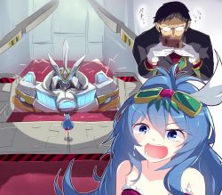 Rule 34 | 1boy, 1girl, absurdres, black hair, blue eyes, blue hair, card, commentary request, crying, crying with eyes open, divine arsenal aa-zeus - sky thunder, duel monster, gameplay mechanics, gendou pose, glasses, gloves, goggles, goggles on head, hands clasped, highres, ikari gendou, kanzakietc, mecha, neon genesis evangelion, opaque glasses, own hands clasped, own hands together, parody, partially submerged, playing card, robot, slacker magician, tears, translation request, white gloves, yu-gi-oh!