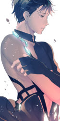 Rule 34 | 1boy, bad id, bad pixiv id, black eyes, black hair, blurry, bodysuit, close-up, crystal, depth of field, expressionless, fingerless gloves, fingernails, gloves, glowing, hand on own arm, highres, katsuki yuuri, long sleeves, looking away, male focus, profile, see-through, shaded face, short hair, simple background, sweat, sweatdrop, tadano53, upper body, white background, yuri!!! on ice