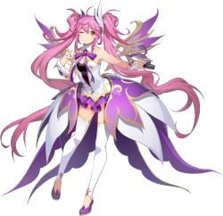 Rule 34 | 1girl, absurdres, amy (grand chase), armpits, bare shoulders, breasts, cleavage, closed mouth, detached collar, full body, gold trim, grand chase, hair ornament, highres, holding, holding microphone, long hair, looking at viewer, microphone, miniskirt, neck ribbon, official art, one eye closed, orange eyes, outstretched arm, pink hair, purple footwear, purple skirt, ribbon, shirt, shoes, sidelocks, skirt, sleeveless, sleeveless shirt, small breasts, smile, solo, strapless, strapless shirt, thighhighs, thighs, toeless legwear, transparent background, twintails, very long hair, waist cape, wavy hair, white shirt, white thighhighs, wings, wrist cuffs, zettai ryouiki