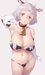 Rule 34 | 1girl, :o, animal ears, animal print, areola slip, arm up, armpits, artist name, bare shoulders, bell, bikini, breasts, brown eyes, cleavage, collar, collarbone, cow ears, cow girl, cow horns, cow print, cow print bikini, cowbell, cowboy shot, elbow gloves, gloves, gradient background, grey background, hand in own hair, head tilt, highres, horns, large breasts, looking at viewer, mochi (mochi444420), navel, o-ring, o-ring bikini, open mouth, original, print bikini, short hair, silver hair, solo, stomach, strapless, strapless bikini, swimsuit, thighhighs, twitter username, white gloves, white thighhighs