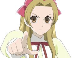 Rule 34 | 00s, 1girl, bow, brown eyes, hair bow, houshakuji renge, light brown hair, long hair, ouran high school host club, pointing, pointing at viewer, solo, white background