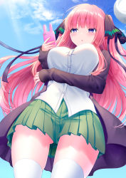 Rule 34 | 1girl, arm under breasts, black cardigan, black ribbon, blue eyes, blue sky, blunt bangs, blush, breasts, butterfly hair ornament, cardigan, cellphone, clock, cloud, commentary request, cowboy shot, day, eyebrows hidden by hair, floating hair, from below, gluteal fold, go-toubun no hanayome, green skirt, hair ornament, hair ribbon, highres, holding, holding phone, large breasts, long hair, long sleeves, looking to the side, miniskirt, multicolored nails, nail polish, nakano nino, open cardigan, open clothes, outdoors, parted lips, phone, pink hair, pleated skirt, pontaro18, ribbon, shirt, sidelocks, skindentation, skirt, sky, sleeves past wrists, smartphone, smartphone case, solo, standing, sunlight, thighhighs, two side up, white shirt, white thighhighs, zettai ryouiki
