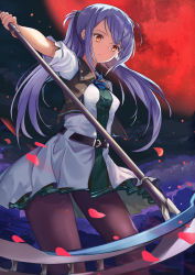 Rule 34 | 1girl, belt, belt buckle, black belt, blue ribbon, brown pantyhose, brown vest, buckle, closed mouth, cloud, commentary, dress, full moon, green dress, highres, holding, holding scythe, jacket, long hair, moon, mosta (lo1777789), neck ribbon, night, night sky, original, outdoors, outstretched arm, pantyhose, petals, pleated dress, red eyes, red moon, ribbon, scythe, short sleeves, silver hair, sky, solo, symbol-only commentary, very long hair, vest, white jacket