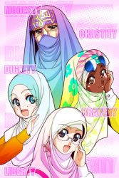 Rule 34 | 4girls, adjusting eyewear, artist name, blonde hair, blue eyes, brown eyes, clothes writing, colored eyelashes, commentary request, dark-skinned female, dark skin, english text, eyewear on head, freckles, glasses, gold trim, highres, hijab, looking at viewer, mixed-language text, multilingual, multiple girls, nayzak, open mouth, original, smile, sunglasses, watermark