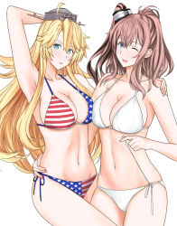 Rule 34 | 2girls, :d, :q, alternate costume, american flag bikini, american flag print, arm behind head, armpits, bikini, blonde hair, blue eyes, blush, breasts, brown hair, cleavage, flag print, groin, hair between eyes, hand around wrist, hand on another&#039;s shoulder, iowa (kancolle), kantai collection, large breasts, long hair, looking at viewer, multiple girls, navel, one eye closed, open mouth, ponytail, print bikini, saratoga (kancolle), side-tie bikini bottom, side ponytail, sidelocks, simple background, smile, smokestack hair ornament, star-shaped pupils, star (symbol), stomach, swimsuit, symbol-shaped pupils, takase asagiri, thighs, tongue, tongue out, united states, untying, white background, white bikini
