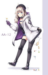 Rule 34 | 1girl, aa-12 (girls&#039; frontline), absurdres, ahoge, beret, black collar, black footwear, black hat, black shirt, black shorts, blue eyes, blush, boots, brown hair, brown thighhighs, buckle, candy, candy wrapper, closed mouth, collar, collarbone, commentary, detached collar, flying sweatdrops, food, food in mouth, girls&#039; frontline, gloves, hair ornament, hat, highres, holding, holding candy, holding food, holding lollipop, jacket, knee pads, lollipop, long hair, long sleeves, mouth hold, open clothes, open jacket, purple background, purple gloves, shadow, shirt, short shorts, shorts, snap-fit buckle, sob (submar1089), solo, standing, standing on one leg, star (symbol), star hair ornament, thighhighs, two-tone background, white background, white jacket