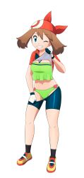 Rule 34 | 1girl, absurdres, bikini, blue eyes, breasts, brown hair, creatures (company), game freak, green bikini, highres, legs, looking at viewer, may (pokemon), medium breasts, midriff, nintendo, one eye closed, pokemon, pokemon (anime), pokemon rs020, pokemon rse (anime), smile, swimsuit, thighs, toadd95, undressing, wink