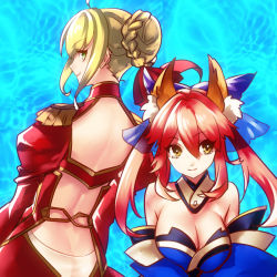 Rule 34 | 10s, 2girls, ahoge, animal ears, blonde hair, bow, braid, breasts, cleavage, detached sleeves, fate/extra, fate (series), fox ears, fox tail, green eyes, hair bow, hair bun, hair ribbon, japanese clothes, kin mokusei, large breasts, multiple girls, nero claudius (fate), nero claudius (fate) (all), nero claudius (fate/extra), pink hair, ribbon, single hair bun, tail, tamamo no mae (fate/extra), twintails, yellow eyes