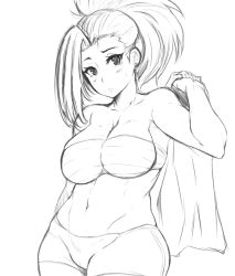 Rule 34 | 10s, 1girl, arm up, bad id, bad twitter id, bare shoulders, bloomers, blush, boku no hero academia, breasts, cameltoe, cleavage, collarbone, ear piercing, eyebrows, eyelashes, greyscale, highres, inactive account, large breasts, looking at viewer, moisture (chichi), monochrome, piercing, ponytail, raised eyebrow, sarashi, solo, sweatdrop, underwear, white background, yaoyorozu momo