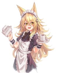 Rule 34 | 1girl, :d, animal ears, blonde hair, blush, cup, deluxe&lt;&lt;&lt;, fangs, fox ears, headdress, highres, holding, long hair, looking at viewer, maid, maid headdress, mug, open mouth, original, saucer, simple background, smile, solo, steam, tea, white background, wrist cuffs, yellow eyes