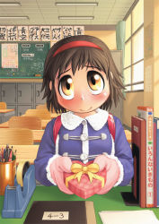 Rule 34 | 1girl, blue coat, blush, book, bow, box, brown eyes, brown hair, chair, chalkboard, child, classroom, closed mouth, coat, commentary request, day, desk, hairband, heart-shaped box, holding, incoming gift, indoors, locker, looking at viewer, mittens, original, pencil, pink mittens, red hairband, short hair, smile, solo, tape, tape dispenser, upper body, valentine, window, yellow bow, yukiman