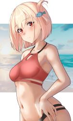 Rule 34 | 1girl, absurdres, bikini, blonde hair, bob cut, closed mouth, collarbone, fish hair ornament, hair ornament, hand on own hip, highres, looking at viewer, lycoris recoil, navel, nishikigi chisato, red bikini, red eyes, short hair, solo, stomach, swimsuit, upper body, yami anko