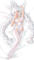 Rule 34 | 1girl, :o, absurdres, ahoge, animal ear fluff, animal ears, aqua eyes, arm behind head, azur lane, bed sheet, braid, breasts, catnnn, child, choker, clothing cutout, commentary request, extra ears, frills, full body, grey hair, hair between eyes, hand up, high heels, highres, le malin (azur lane), le malin (listless lapin) (azur lane), long hair, lying, o-ring, official alternate costume, on back, one eye closed, open mouth, pantyhose, rabbit ears, small breasts, solo, symbol-shaped pupils, tears, teeth, twin braids, upper teeth only, white choker, white footwear, white hair, white pantyhose, wrist cuffs, yawning, ||/