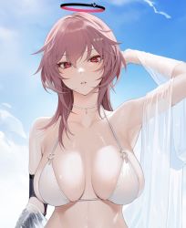 Rule 34 | 1girl, arm behind head, azur lane, bad id, bad twitter id, bikini, blue sky, breasts, collarbone, duca degli abruzzi (azur lane), elbow gloves, gloves, halo, large breasts, lips, looking at viewer, mechanical arms, mechanical halo, medium hair, ohisashiburi, pink hair, red eyes, single elbow glove, single mechanical arm, sky, solo, swimsuit, upper body, wet, wet clothes, wet swimsuit, white bikini