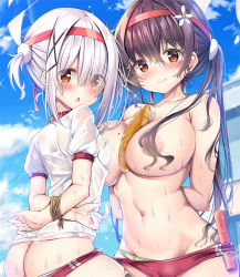 Rule 34 | 2girls, ass, between breasts, blouse, blue sky, blunt bangs, blush, bound, bound wrists, bread, breasts, brown eyes, brown hair, buruma, buruma pull, butt crack, closed mouth, clothes pull, cloud, collarbone, comic cune, commentary request, convenient censoring, day, embarrassed, flower, food, food between breasts, from side, green panties, gym shirt, gym uniform, hair between eyes, hair censor, hair flower, hair ornament, hair over breasts, hairband, kurou (quadruple zero), large breasts, long hair, looking at viewer, mole, mole on breast, mole under eye, multiple girls, navel, ninose shizuku, open mouth, original, outdoors, panties, panties under buruma, red buruma, school, shirakawa kokona, shirt, skindentation, sky, stomach, sweat, topless, twintails, underwear, very long hair, watashi no tame ni nuginasai!, wet, wet clothes, wet shirt, white hair, white shirt