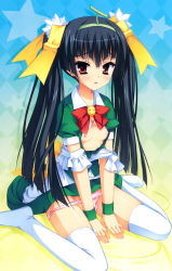 Rule 34 | 1girl, argyle, argyle background, argyle clothes, black hair, blue background, bow, breasts, cosplay, gradient background, green skirt, highres, kobuichi, long hair, masamune shizuru, melon-chan, melon-chan (cosplay), melonbooks, nipples, noble works, open clothes, open shirt, panties, panty pull, pink panties, red eyes, ribbon, shirt, sitting, skirt, small breasts, solo, thighhighs, twintails, underwear, wariza, white thighhighs, yellow background, yellow bow