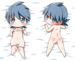 Rule 34 | 1girl, ass, back, bed, blue eyes, blue hair, blush, chibi, cleft of venus, flat chest, gerotan, looking back, lying, matching hair/eyes, navel, nipples, nude, on back, on stomach, original, panties, pussy, short hair, solo, uncensored, underwear