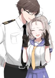 Rule 34 | 10s, 1boy, 1girl, ^ ^, admiral (kancolle), belt, belt buckle, black-framed eyewear, black gloves, black necktie, black pants, blue ribbon, blue sailor collar, blue skirt, blush, breast pocket, brown hair, buckle, closed eyes, clothing cutout, couple, cowboy shot, epaulettes, forehead, glasses, gloves, hair ribbon, hand on another&#039;s head, hand on own hip, hands up, happy, headpat, height difference, hetero, highres, kantai collection, kinugasa (kancolle), long hair, long sleeves, morinaga miki, navel cutout, necktie, one side up, open mouth, pants, pink hair, pleated skirt, pocket, raised eyebrows, ribbon, sailor collar, school uniform, semi-rimless eyewear, serafuku, short hair, short sleeves, sideways mouth, simple background, skirt, smile, under-rim eyewear, white background, white gloves, yellow necktie