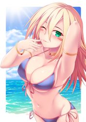 Rule 34 | 1girl, armpits, bare arms, bare shoulders, beach, bikini, blonde hair, blue bikini, blue sky, breasts, choker, collarbone, commentary, dark magician girl, day, duel monster, english commentary, green eyes, hair between eyes, highres, large breasts, long hair, looking at viewer, navel, one eye closed, outdoors, side-tie bikini bottom, sky, solo, sun, swimsuit, thealagator, tongue, tongue out, water, yu-gi-oh!
