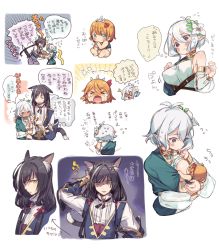 Rule 34 | &gt;o&lt;, 1boy, 2girls, ahoge, alternate breast size, amana (pocketkey), animal ear fluff, animal ears, annoyed, antenna hair, baby, bare shoulders, black hair, blue eyes, blue sleeves, blush, blush stickers, breast press, breastfeeding, breasts, cat ears, cat tail, cleavage, collared shirt, crying, crying with eyes open, detached sleeves, dress, flower, flying sweatdrops, genderswap, genderswap (ftm), green eyes, hair between eyes, hair flower, hair ornament, hair ribbon, highres, karyl (princess connect!), kokkoro (princess connect!), large breasts, long hair, low twintails, multicolored hair, multiple girls, multiple views, open mouth, pecorine (princess connect!), pointy ears, princess connect!, ribbon, shirt, short hair, sleeveless, sleeveless shirt, speech bubble, streaked hair, sweatdrop, tail, tears, thought bubble, thumb sucking, tiara, translated, twintails, v-shaped eyebrows, white background, white flower, white hair, white shirt, wide sleeves