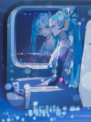 Rule 34 | 1girl, bare shoulders, black sleeves, blue hair, blurry, blurry background, blurry foreground, cityscape, creatures (company), detached sleeves, game freak, hair ornament, hairpin, hatsune miku, highres, long hair, looking outside, nintendo, pink skirt, pokemon, project voltage, reflection, skirt, solo, train interior, twintails, very long hair, vocaloid, window, yuyufufu
