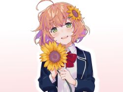 Rule 34 | 1girl, ahoge, bad id, bad twitter id, blazer, blue jacket, blush, bow, bowtie, brown hair, collared shirt, commentary, flower, gradient background, green eyes, hair flower, hair ornament, hairclip, highres, holding, holding flower, honma himawari, jacket, long sleeves, looking at viewer, loose bowtie, medium hair, messy hair, nijisanji, red bow, red bowtie, school uniform, shirt, simple background, smile, solo, sunflower, sunflower hair ornament, symbol-only commentary, teeth, upper body, upper teeth only, virtual youtuber, white background, white shirt, wing collar, yumesaki nana