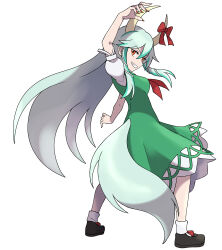 Rule 34 | 1girl, absurdres, asatsuki (fgfff), black footwear, bow, breasts, collared dress, commentary request, dress, ex-keine, fingernails, footwear bow, full body, green dress, green hair, green theme, grey hair, grey tail, grin, highres, horn bow, horn ornament, horn ribbon, horns, kamishirasawa keine, long fingernails, long hair, mary janes, medium breasts, multicolored hair, neckerchief, puffy short sleeves, puffy sleeves, red bow, red eyes, red nails, red neckerchief, ribbon, shirt, shoes, short sleeves, sidelocks, simple background, smile, solo, sugimori ken (style), tail, touhou, two-tone hair, white background, white shirt